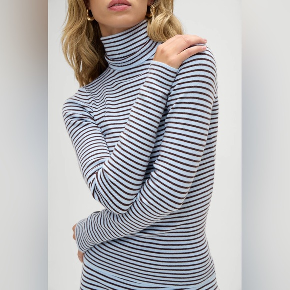 Frankie's Bikinis Sweaters - FRANKIES BIKINIS Tucker Knit Sweater Montauk Stripe Blue Brown Turtleneck Medium